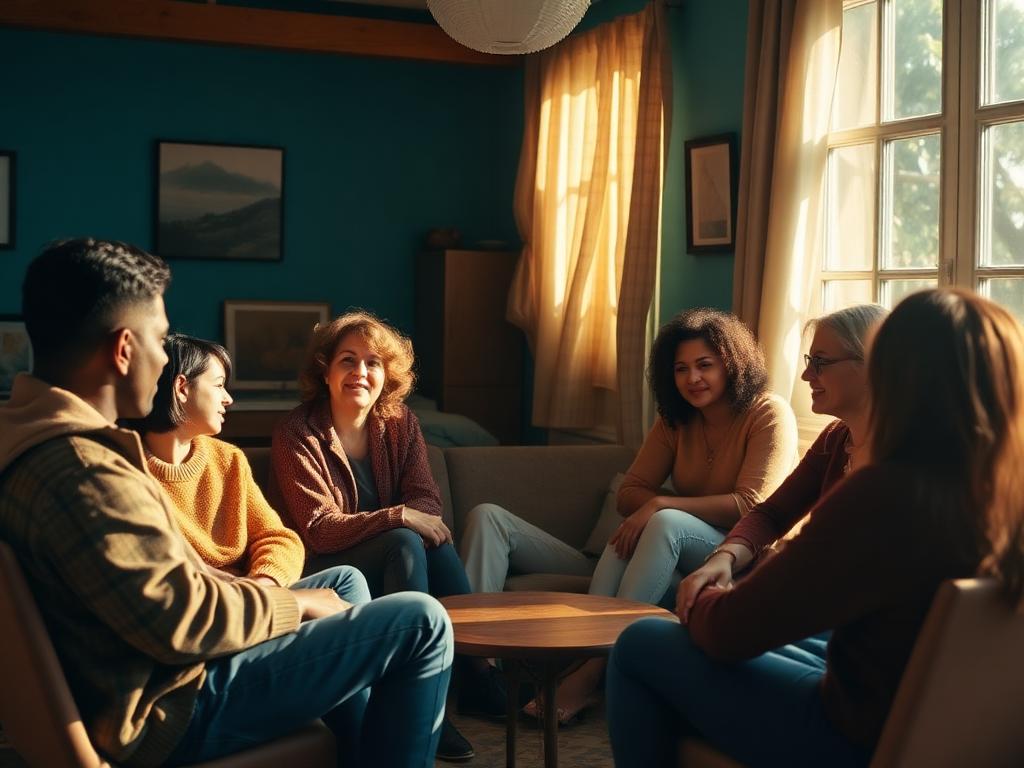 A small circle of people talking in a sunlit room