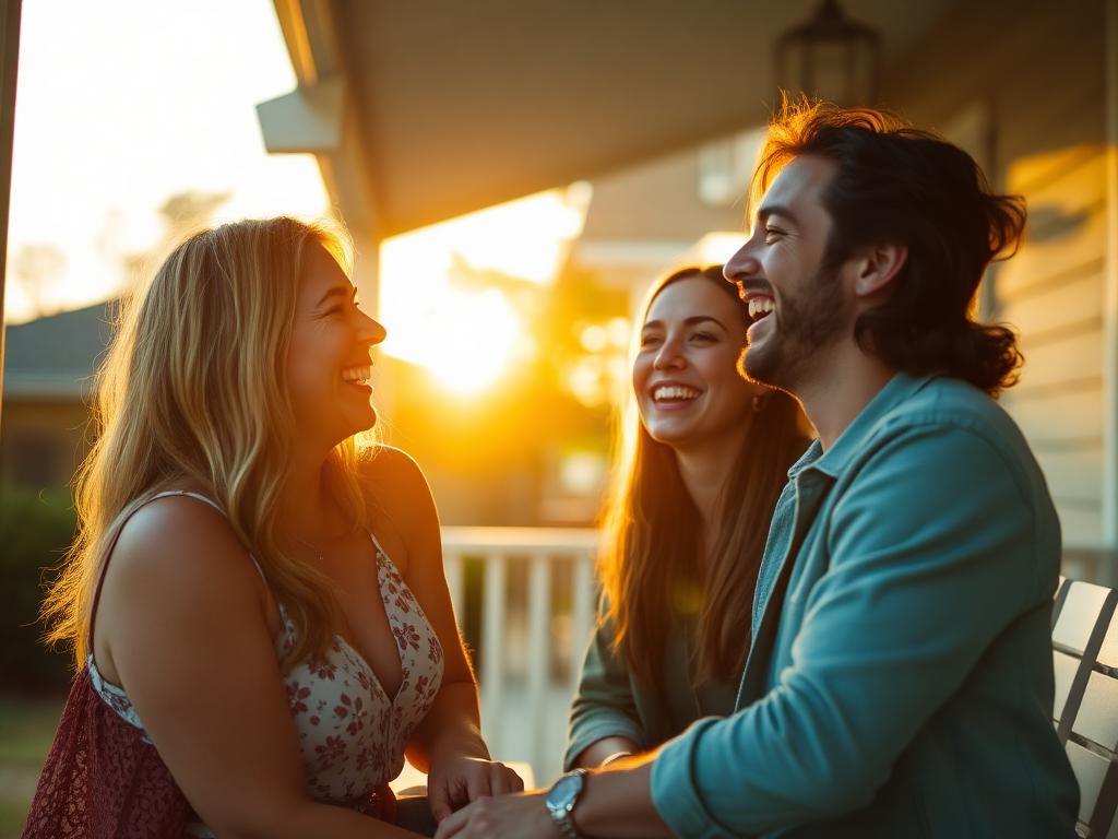 Friends laughing together on a porch at golden hour